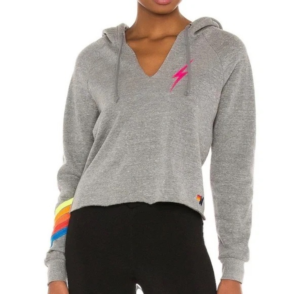 Aviator Nation Gray Pink Cropped Hoodie Relaxed Fit